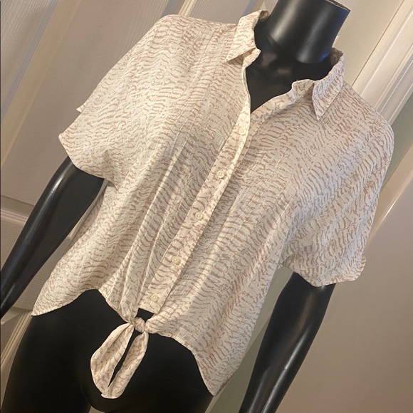 Nine West Tops - Nine West Cream and Brown Patterned Tie Knot Blouse Top
